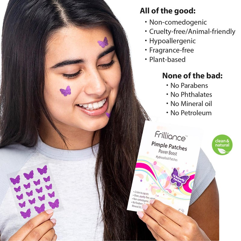 Frilliance Purple Butterfly Shaped Power Boost Salicylic & Hydrocolloid Acne Pimple Patches for Zits and Blemishes (18 Count, 2 Sizes), Vegan and Cruelty Free - Image 3